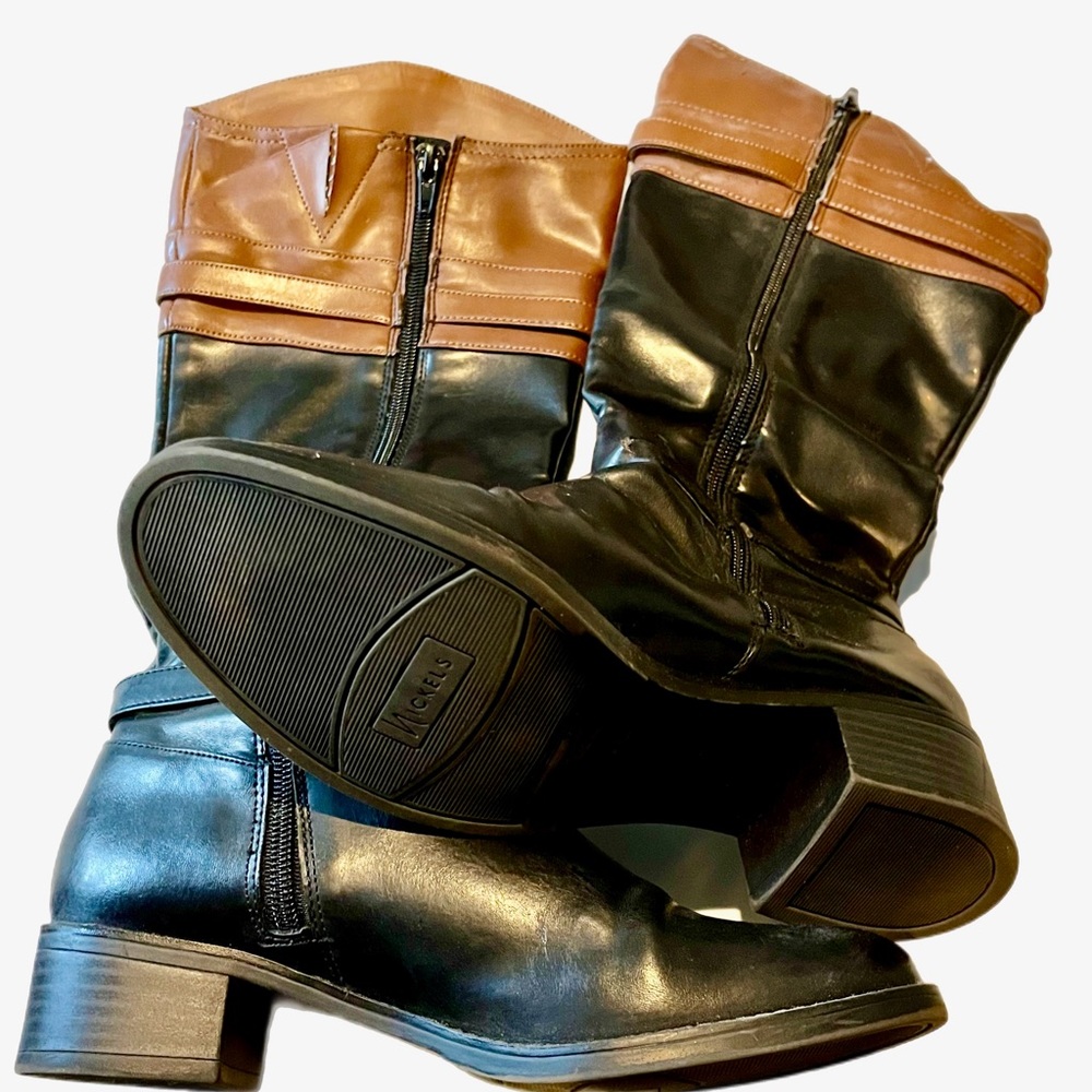 Nickels black leather riding boot with brown trim, size 7